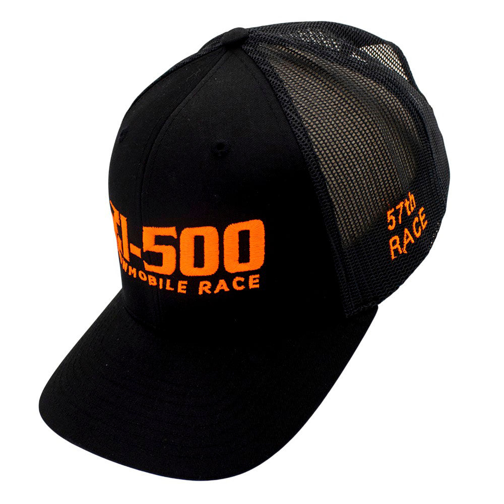 Black cap with orange text on a white background