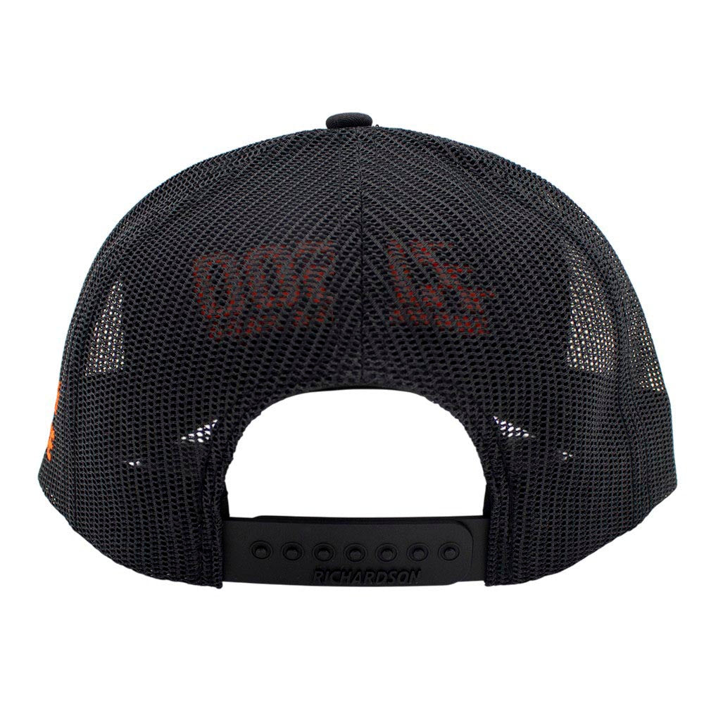 Back of a black mesh cap.