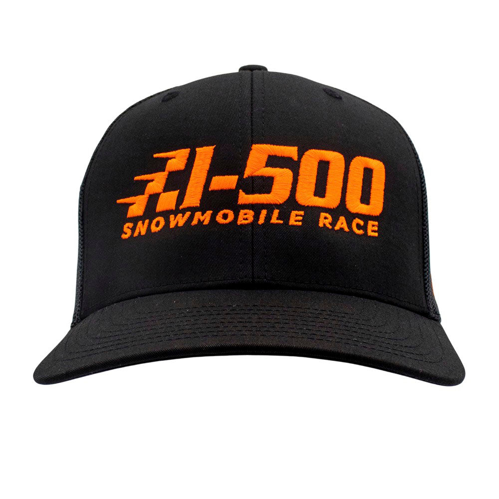 Black cap with orange text 'I-500 Snowmobile Race' embroidered on it.