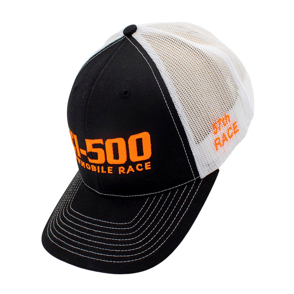 Black and white cap with orange text on a white background