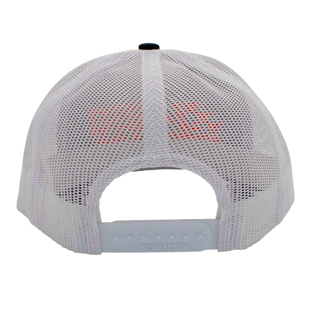 White mesh cap with snapback closure.