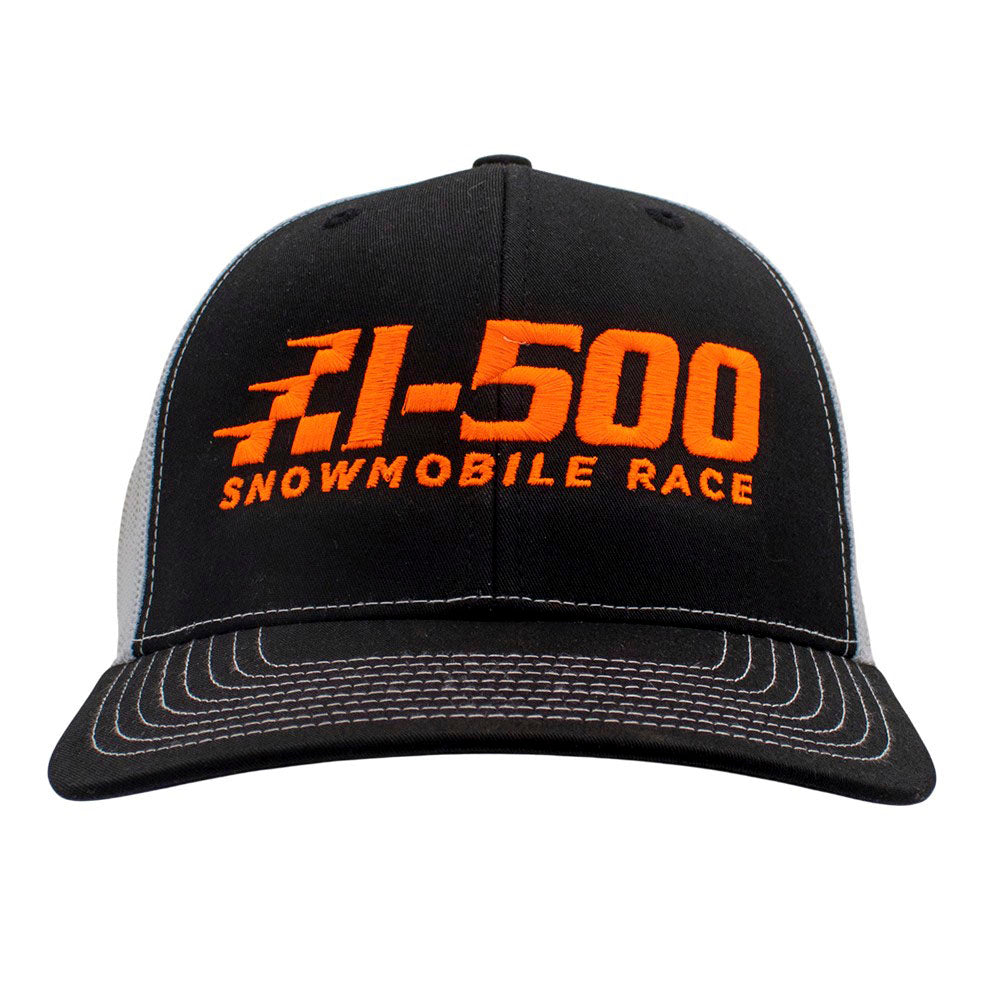 Black cap with orange text '1-500 Snowmobile Race' on it.