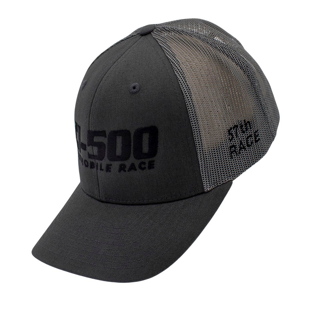 Gray cap with mesh back and black text.