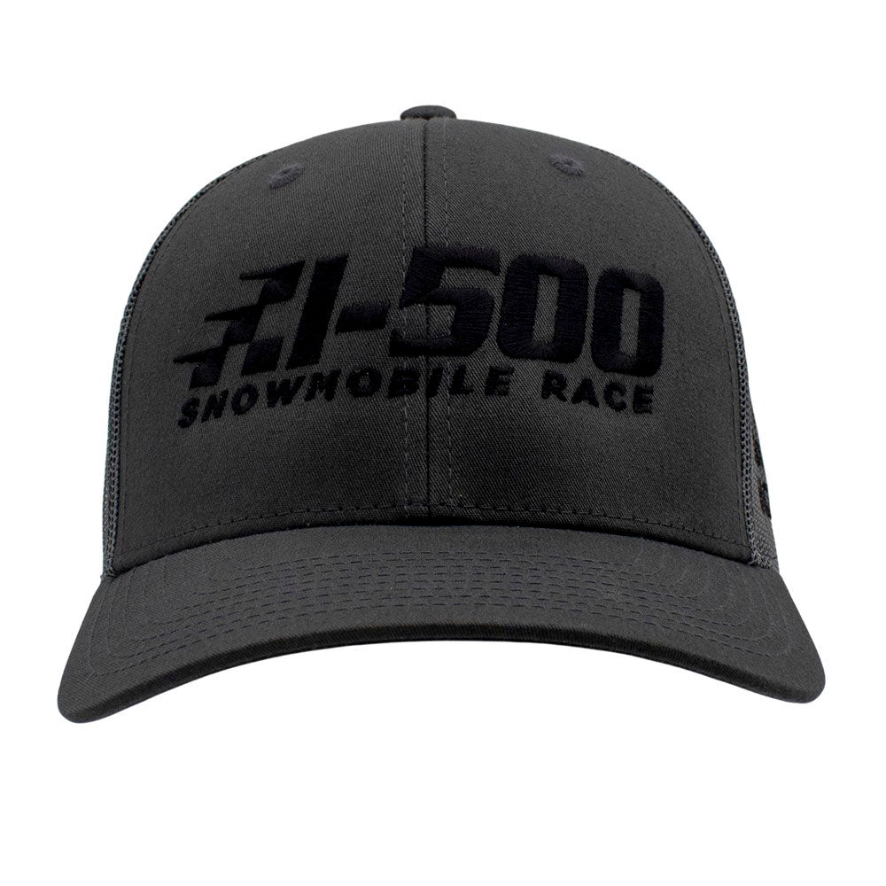 Charcoal grey cap with black text 'I-500 Snowmobile Race' embroidered on it.
