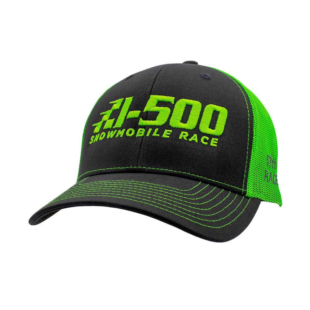 Charcoal grey and neon green cap with green text 'I-500 Snowmobile Race' on front.