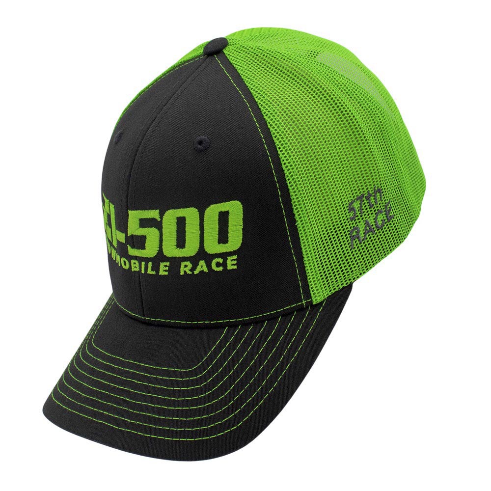 Black and green cap with text on a white background