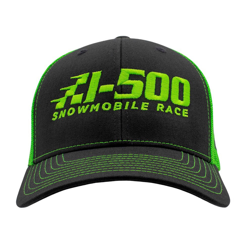 Grey and green cap with 'I-500 Snowmobile Race' text on it.