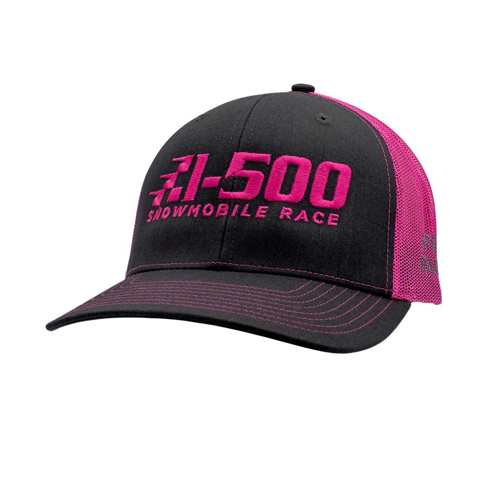 Charcoal grey and neon pink cap with pink text 'I-500 Snowmobile Race' on front.