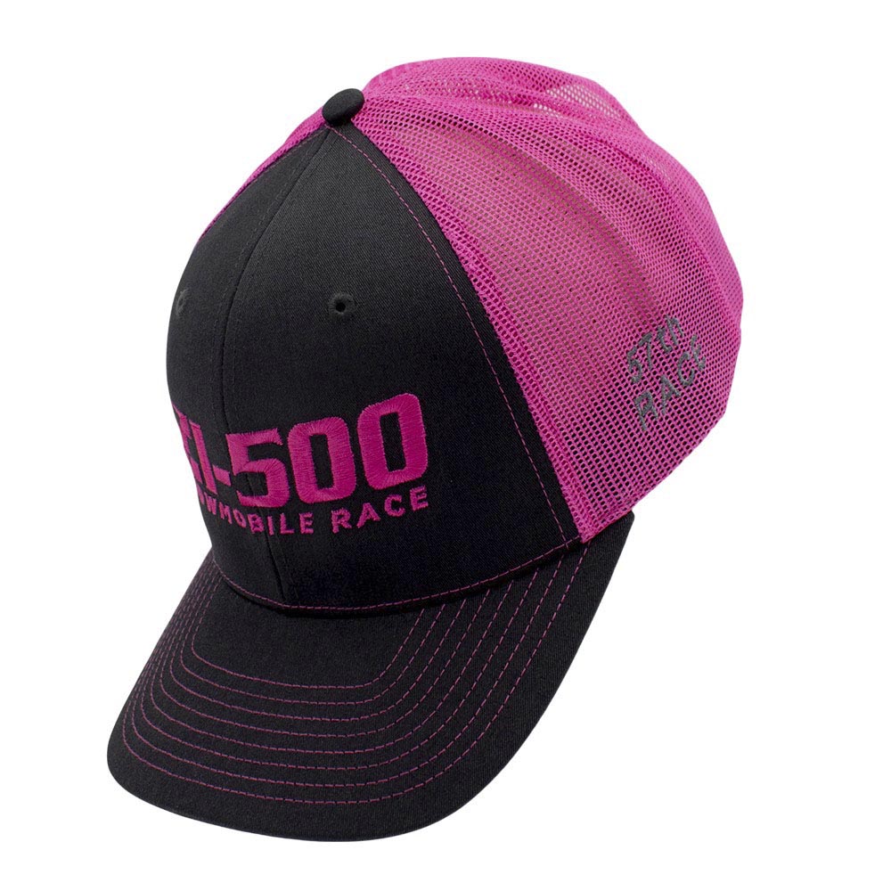 Grey and pink cap with 'I-500 Mobile Race' text on it.
