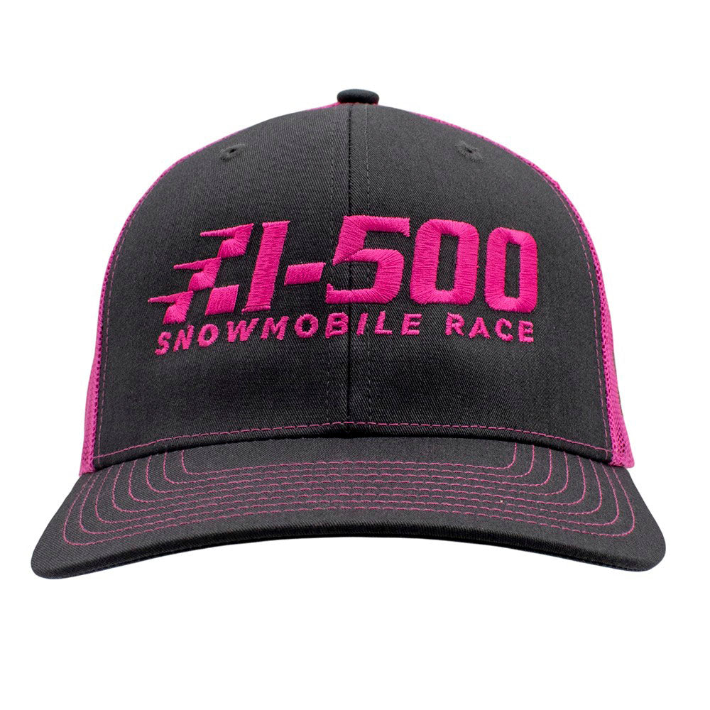Grey and pink cap with 'I-500 Snowmobile Race' text on it in pink.