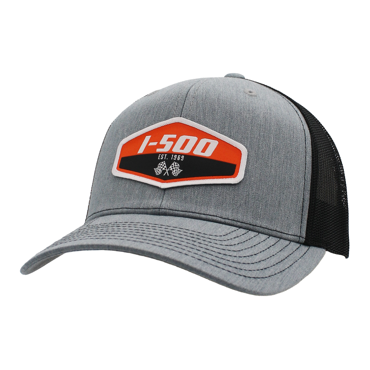 Grey and black cap with an orange and white I-500 patch on the front and black stitching.