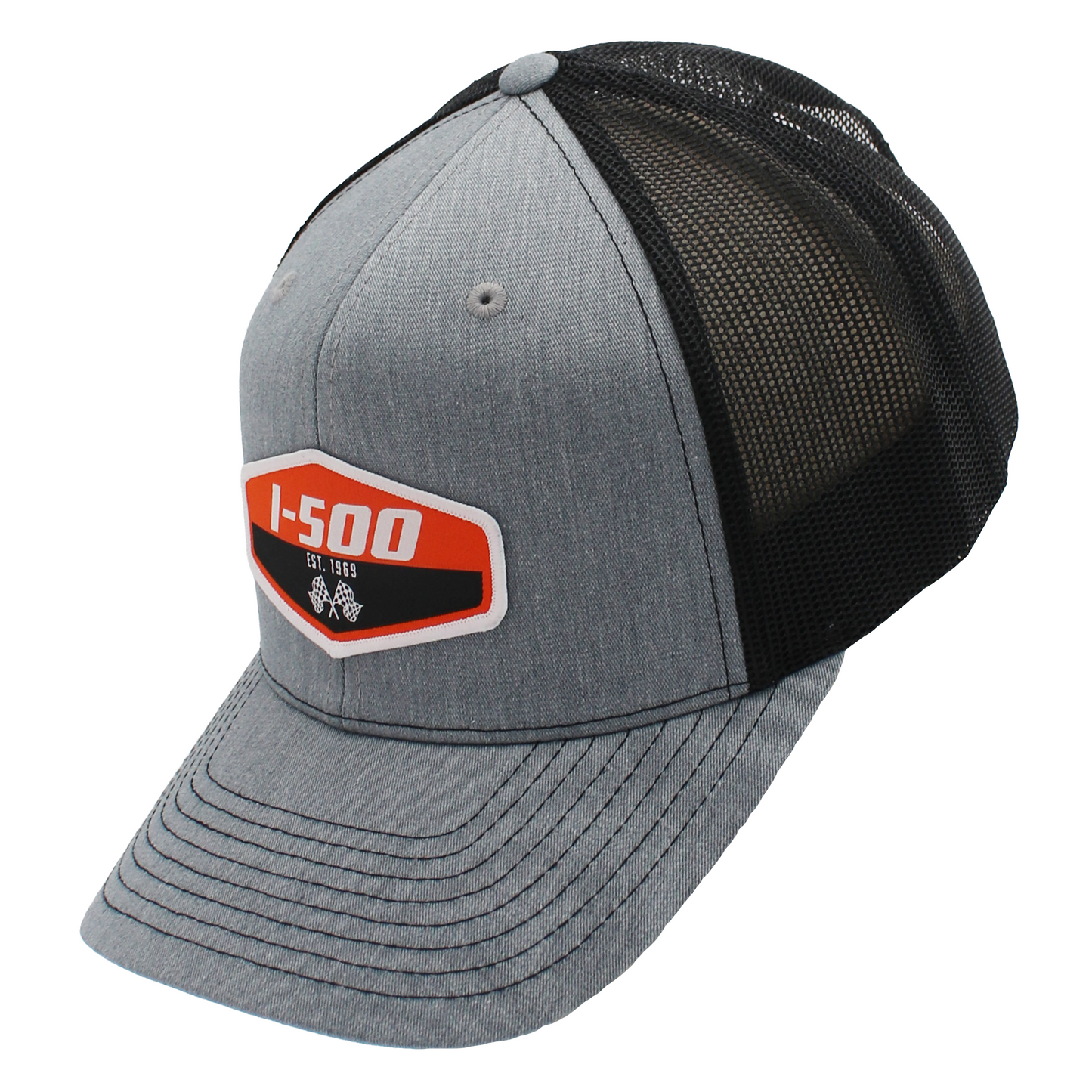 Side of a grey and black cap with an orange and white I-500 patch on the front and black stitching.