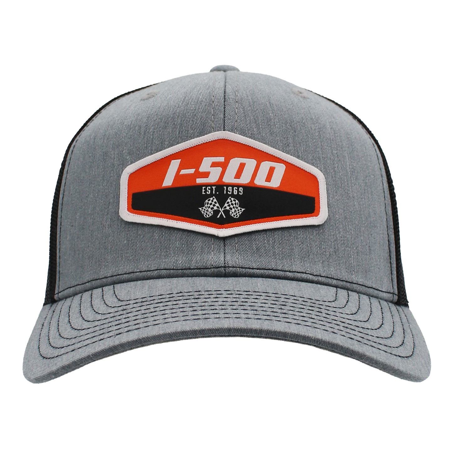 Grey cap with an orange and white I-500 patch on the front and black stitching.