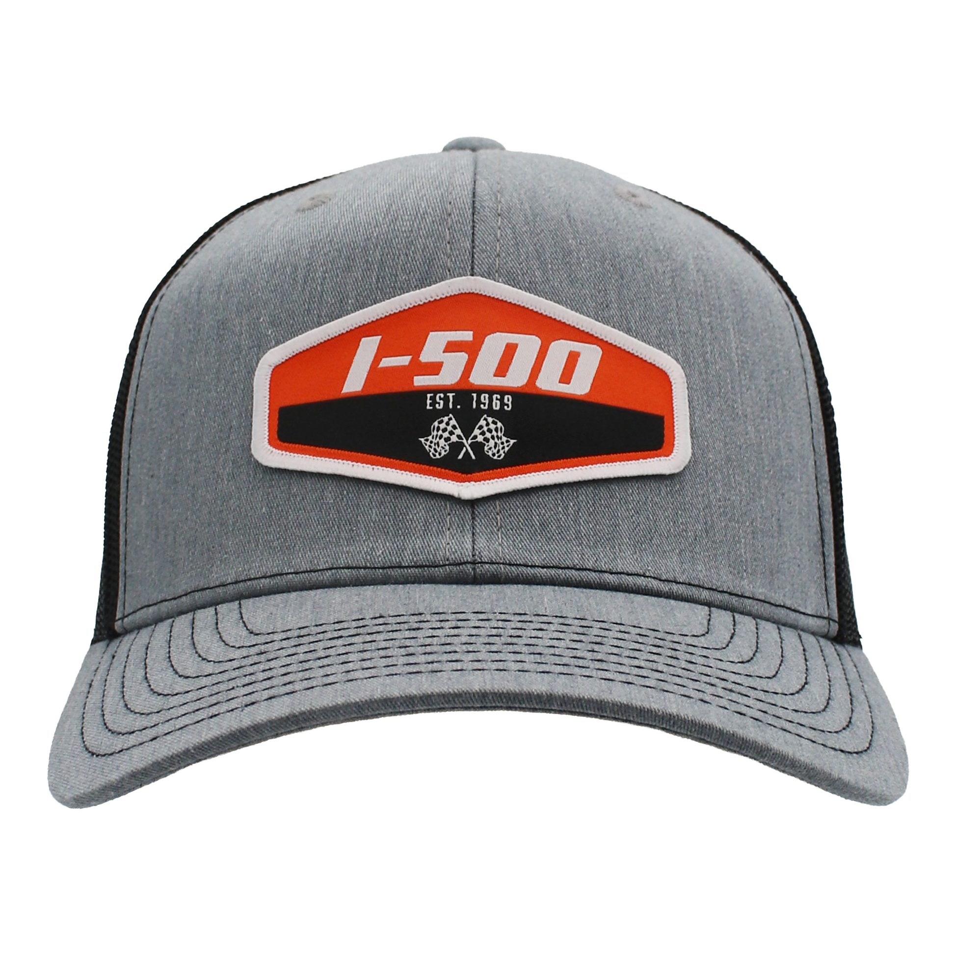 Grey cap with an orange and white I-500 patch on the front and black stitching.