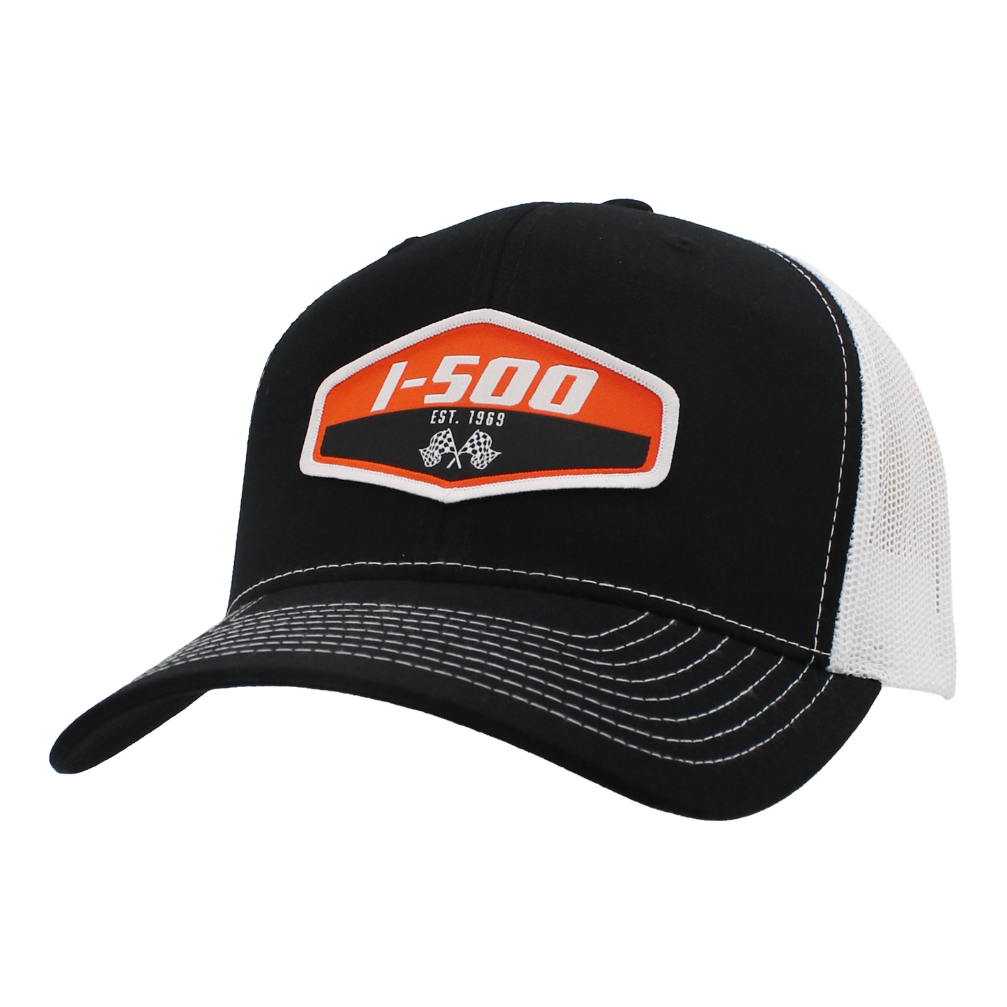 Black and white cap with orange and white I-500 patch on the front and white stitching.