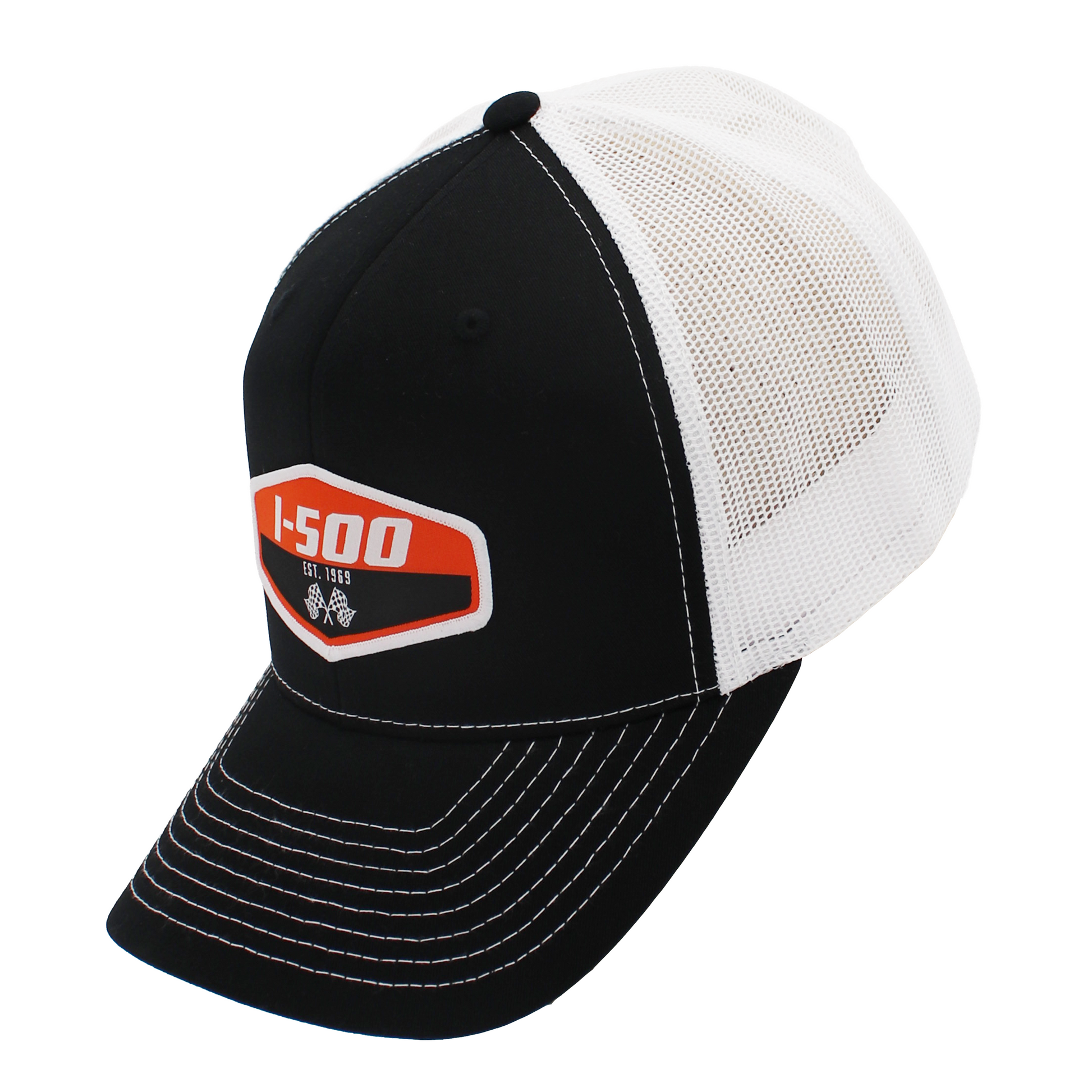 Side of a black and white cap with orange and white I-500 patch on the front and white stitching.
