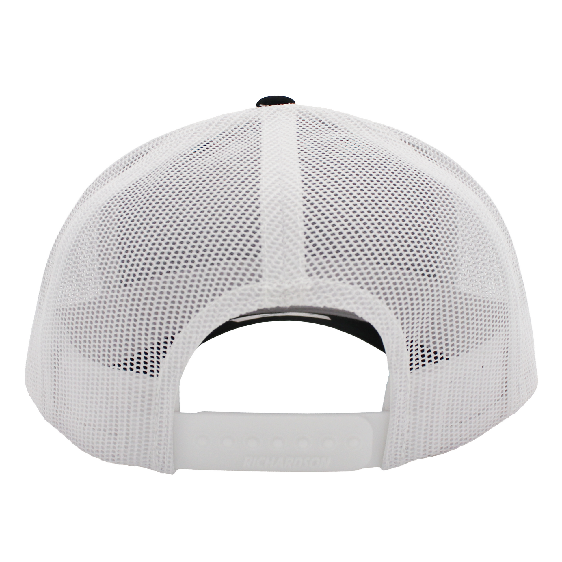 A cap with a white mesh back and snapback closure.
