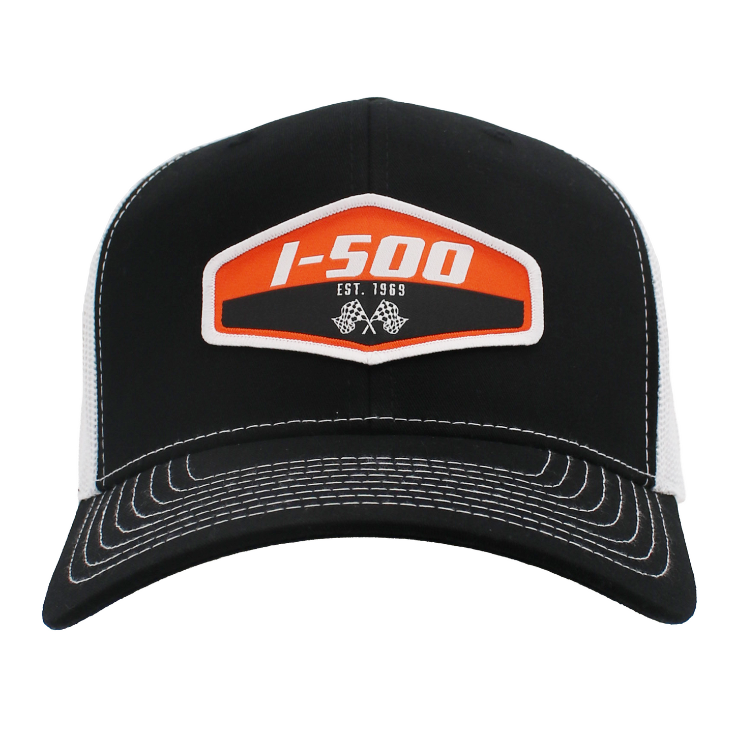 Black cap with orange and white I-500 patch on the front and white stitching.