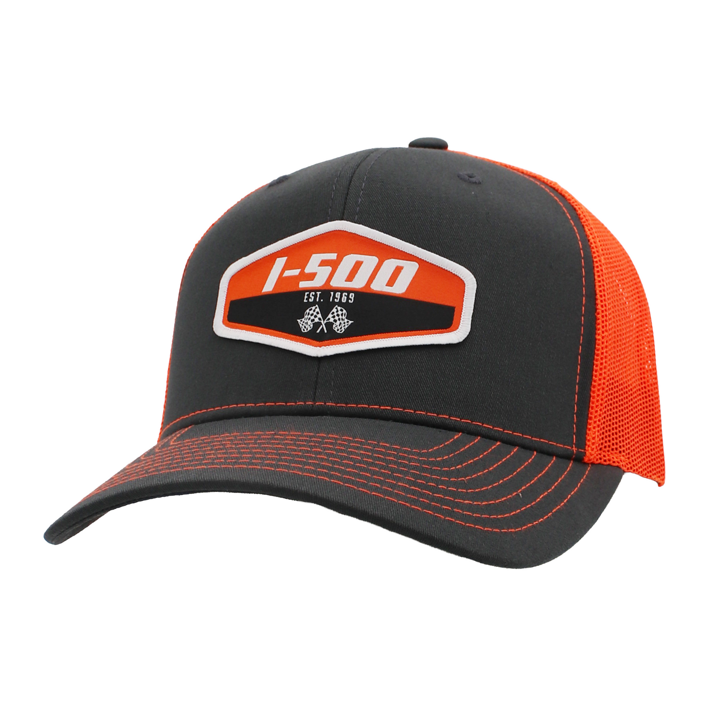 Dark grey and orange cap with an orange and white I-500 patch on the front and orange stitching.