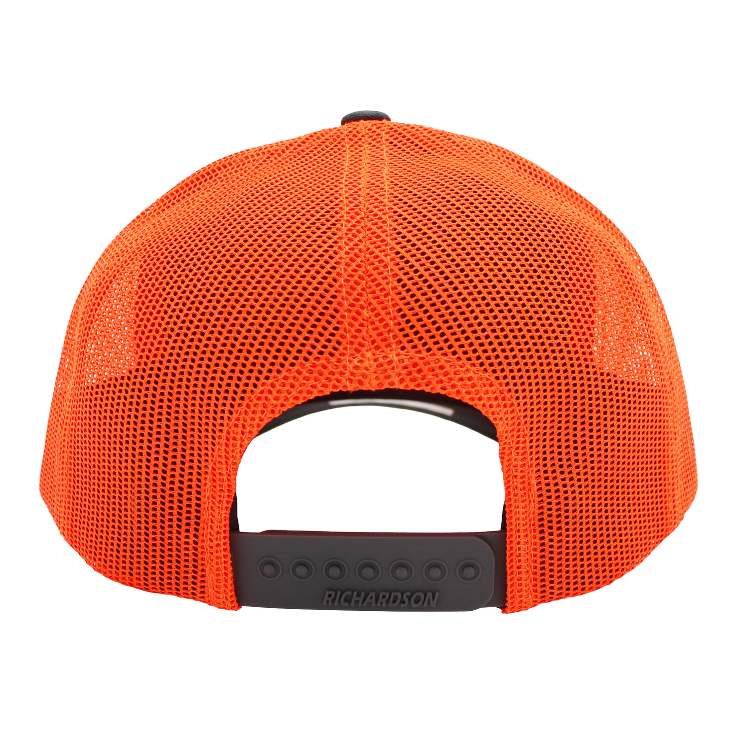 A cap with an orange mesh back and grey snapback closure.