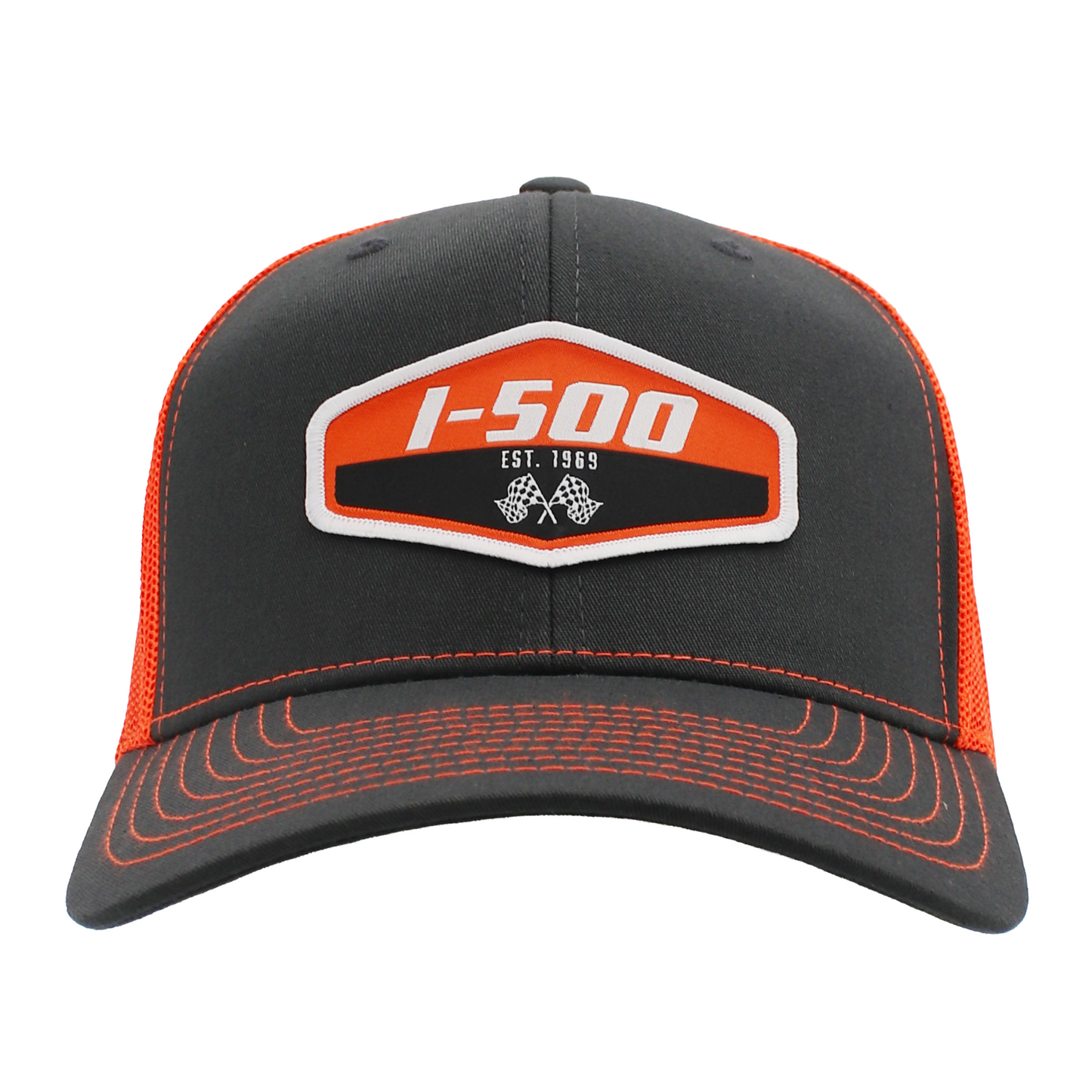 Dark grey cap with an orange and white I-500 patch on the front and orange stitching.