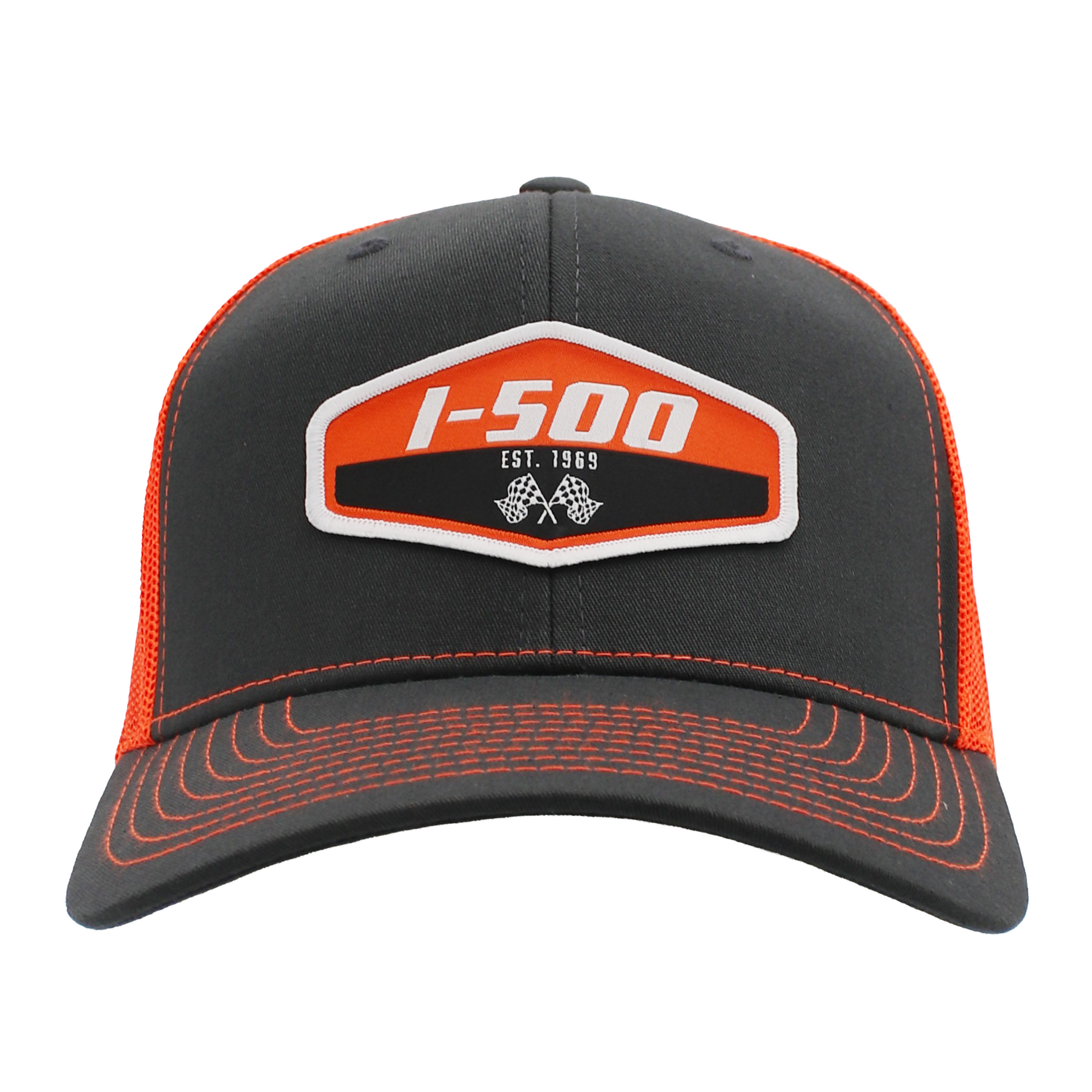 Dark grey cap with an orange and white I-500 patch on the front and orange stitching.