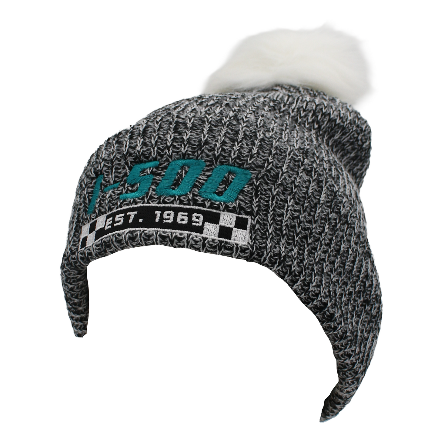 Gray knit beanie with white pom-pom and teal blue I-500 branding on the cuff.