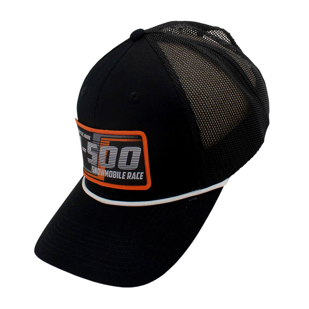 Black cap with mesh back and 'I-500 Snowmobile Race' logo patch on the front.