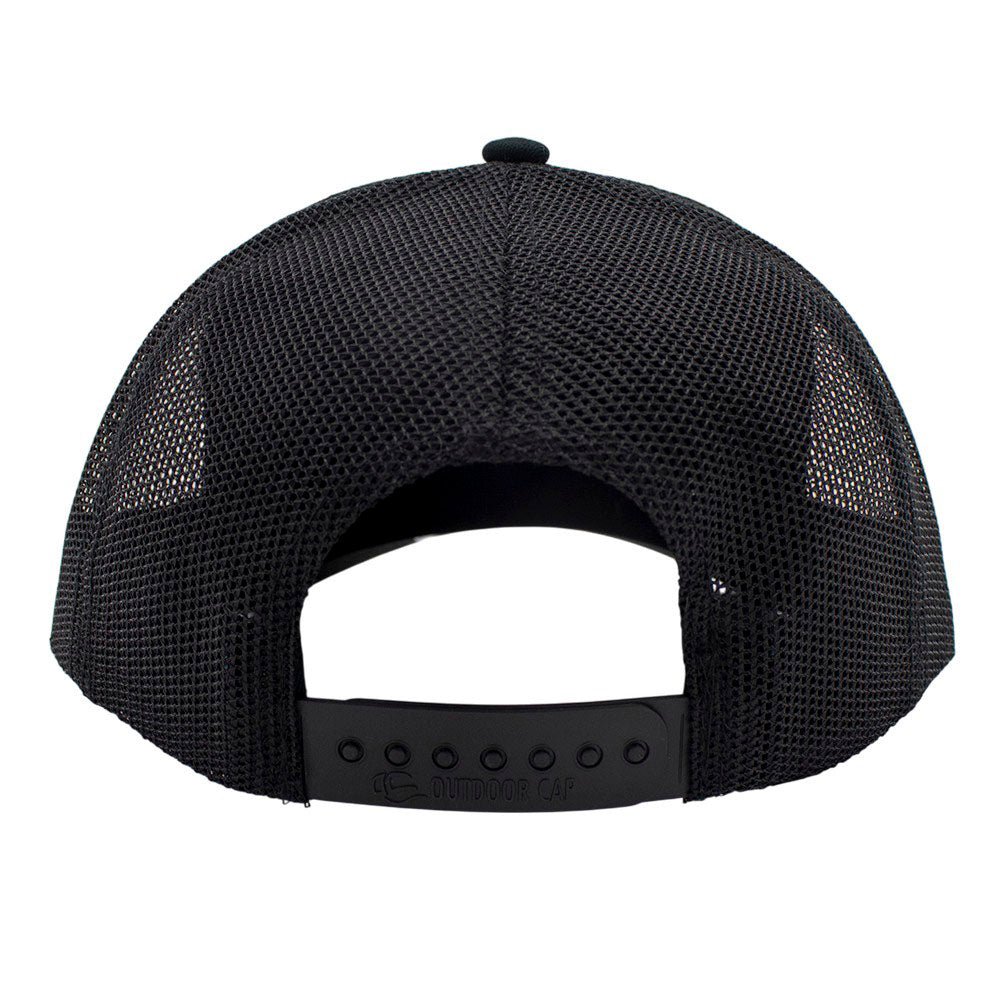 Black mesh cap with a black snapback closure. 