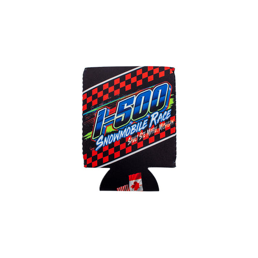Front of a coozie with a black and red checkered design with an I-500 Snowmobile Race design.