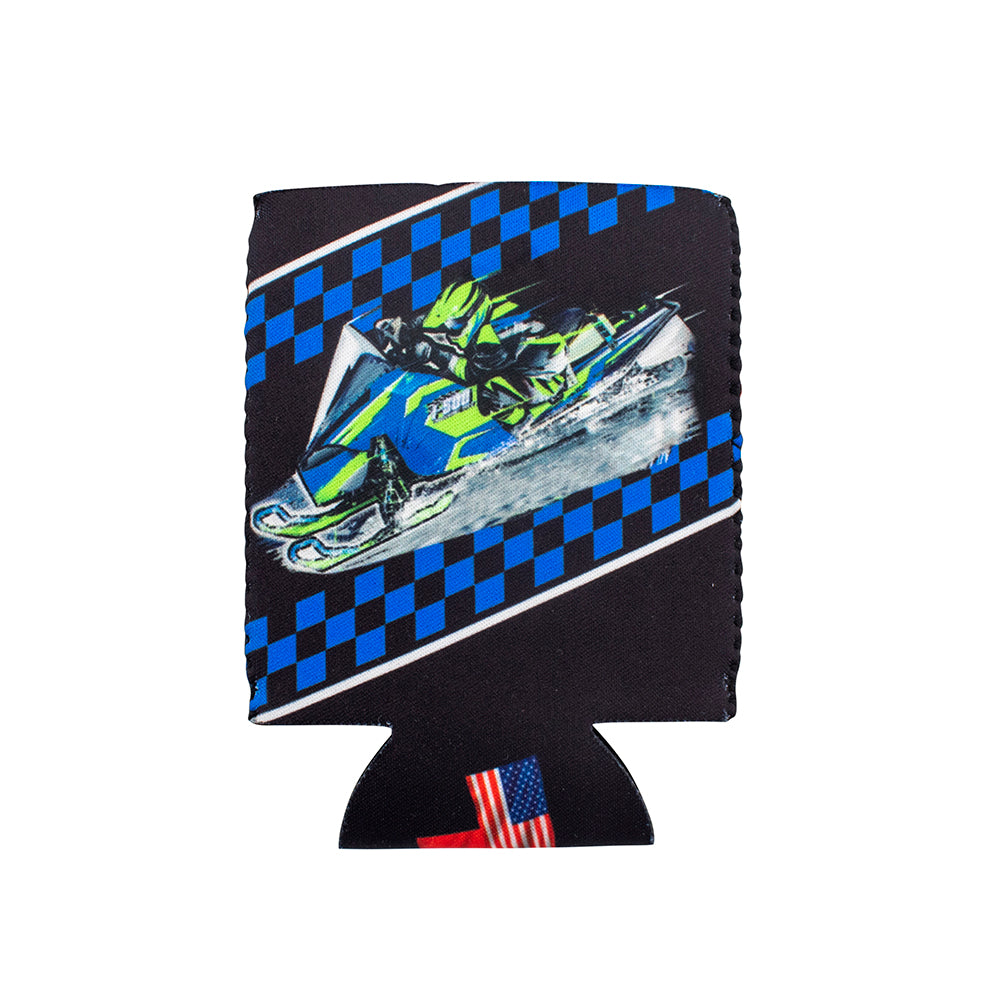 Other side of the coozie with a black and blue checkered design and a snowmobile illustration.